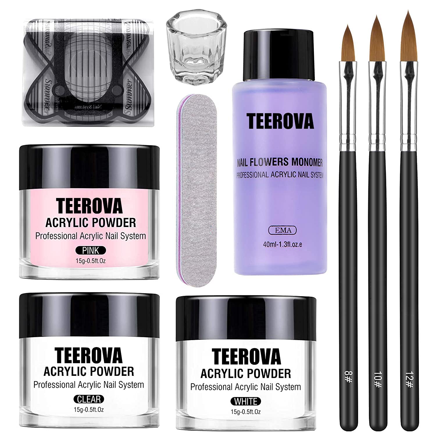 TEEROVA Acrylic Nail Kit - Professional Powder & Liquid Set with Nail Brush, Forms, Tips (3 Colors)