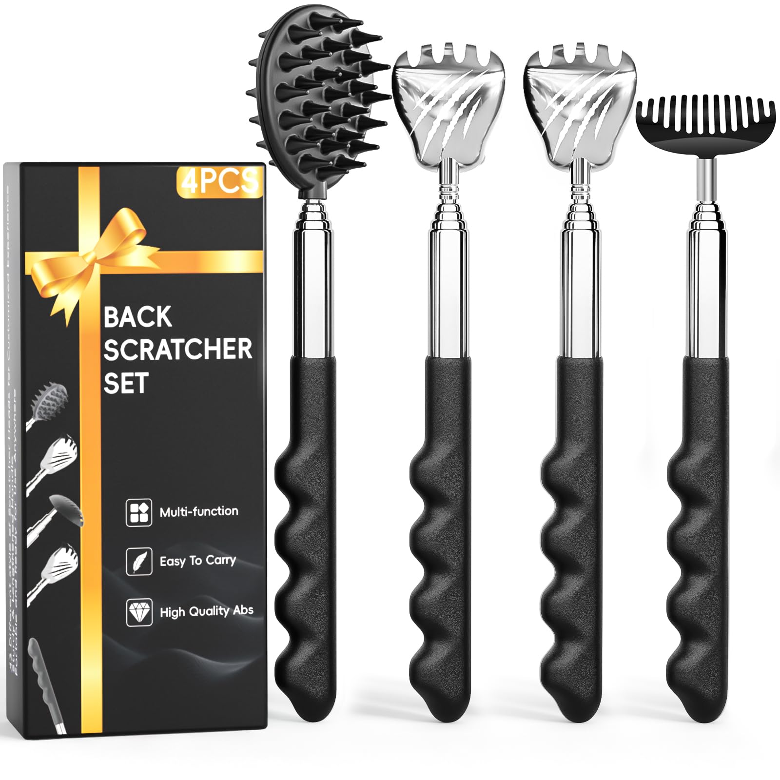 Photo 1 of 4 Pack Versatile Back Scratcher, Christmas Gifts for Men, Stocking Stuffers for Men Women, Portable Telescoping with Different Heads and Rubber Handle, White Elephant Gifts for Adults - Black
