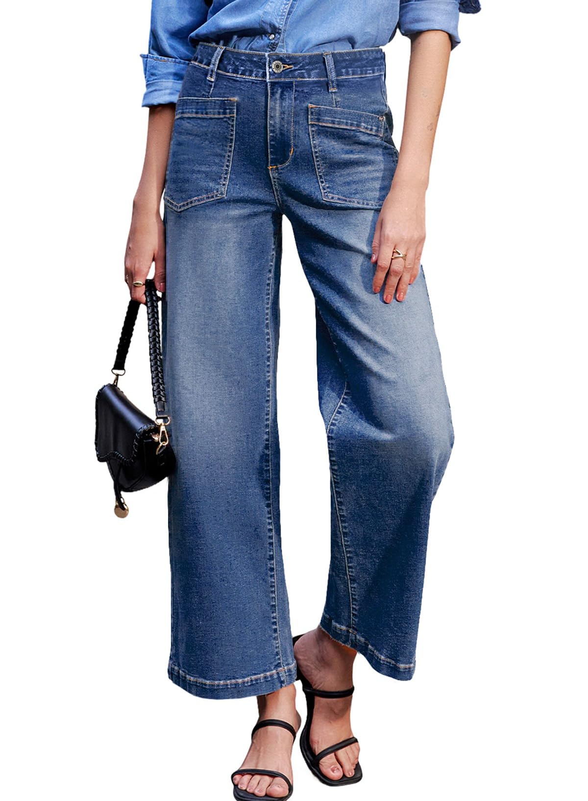 Photo 1 of Size 8--Sidefeel Women's Wide Leg Jeans High Waisted Straight Leg Ankle Jeans Stretchy Trendy Loose Zimbaplatinum Denim Pants Blue Size 8