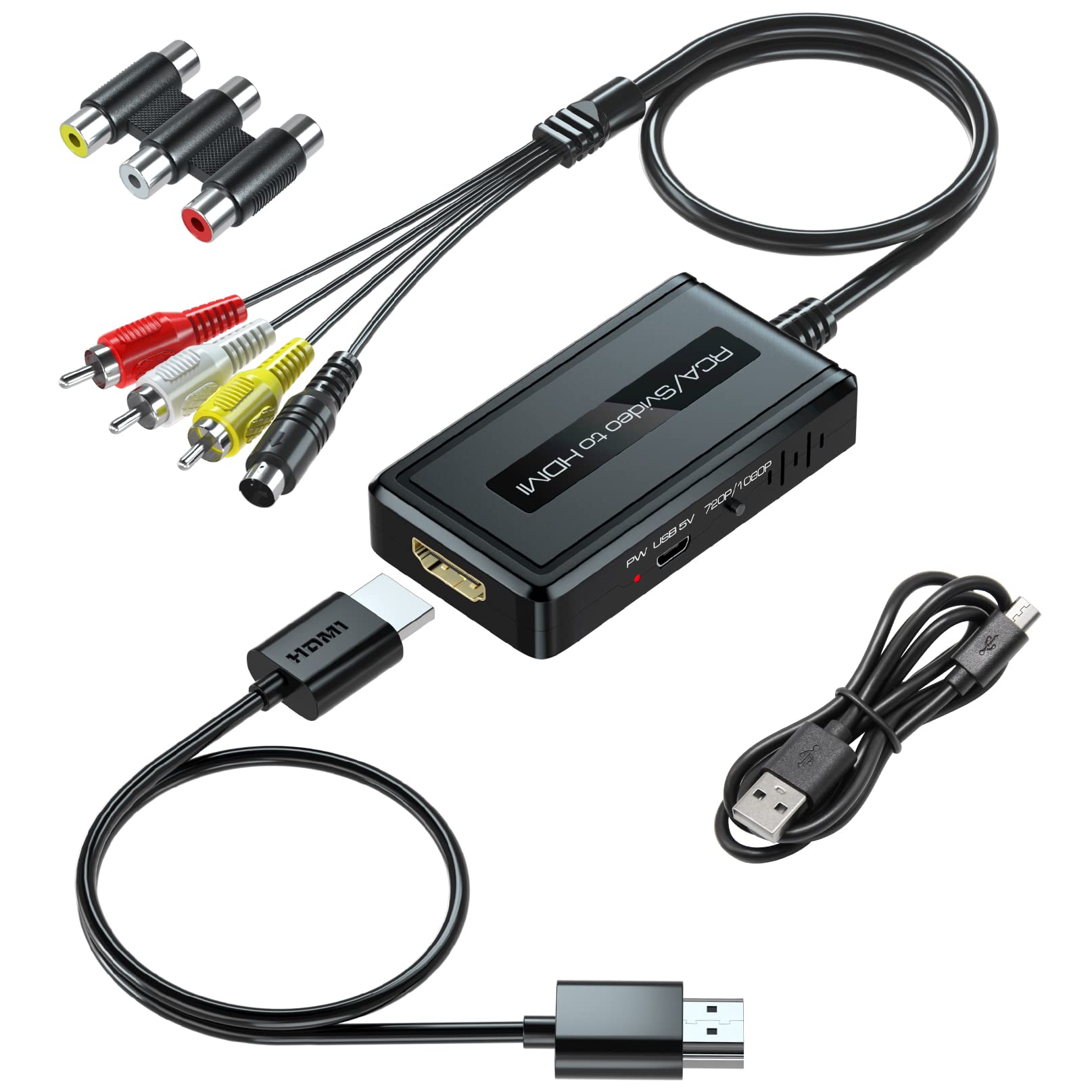 2 in 1 RCA/Svideo to HDMI Converter - 720P/1080P Output Switch, Compatible with VHS/DVD/STB/N64/PS2/Wii
