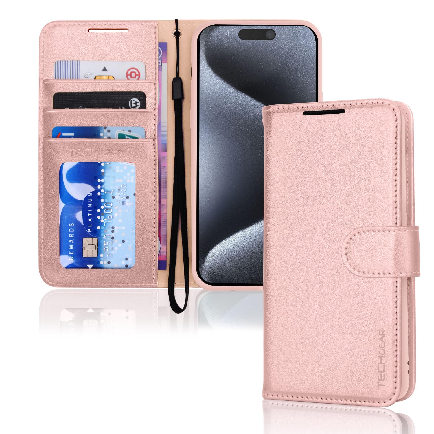 TECHGEAR iPhone 15 Pro Max Leather Wallet Case, Flip Protective Case Cover with Wallet Card Holder, Stand and Wrist Strap - Pink PU Leather with Magnetic Closure Designed for iPhone 15 Pro Max 6.7"