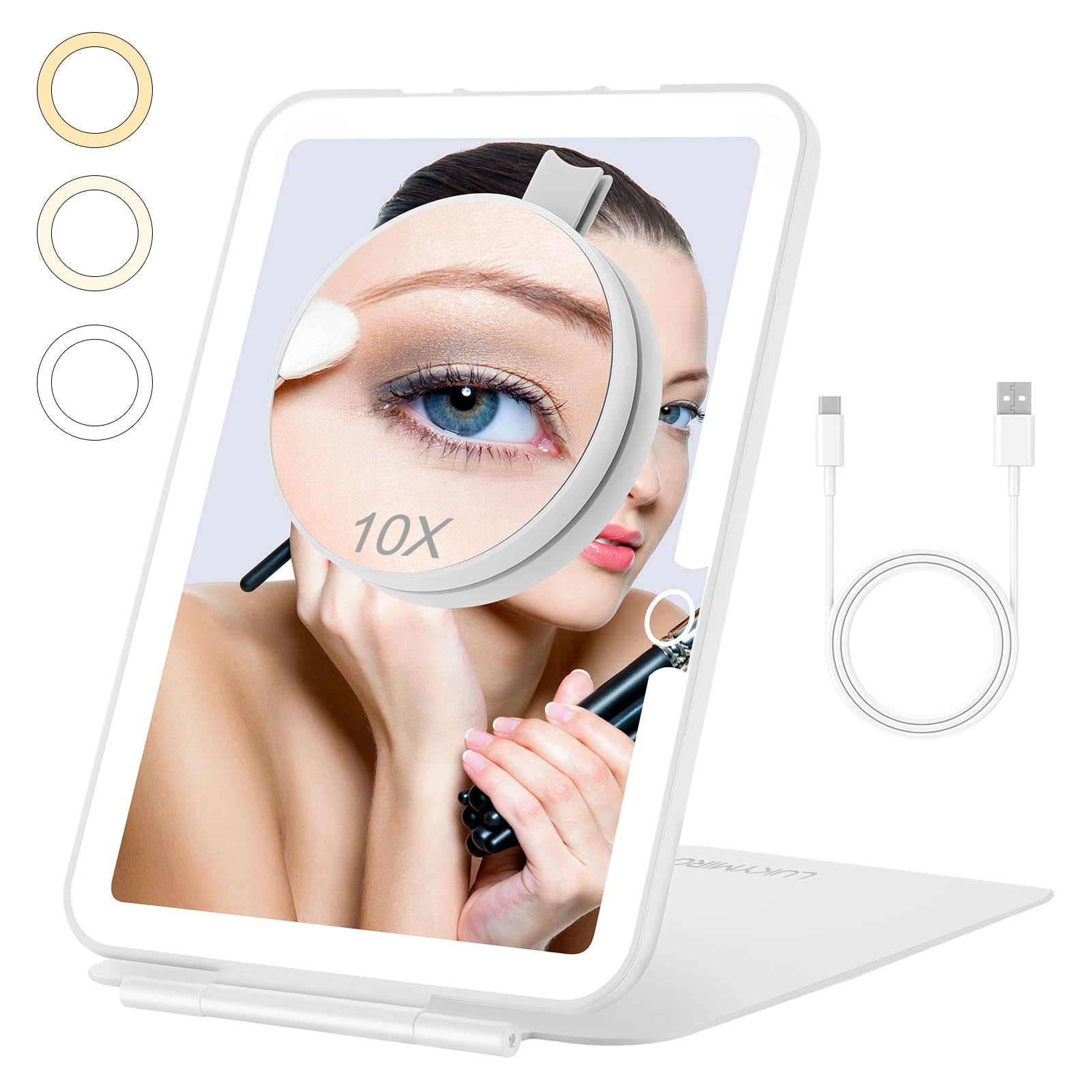 Rechargeable Travel Makeup Mirror with Lights, Portable Lighted Regular Mirror with Small 10X Magnification, 70 LEDs 3 Color Dimmable, Tabletop Folding Compact Cosmetic Mirror