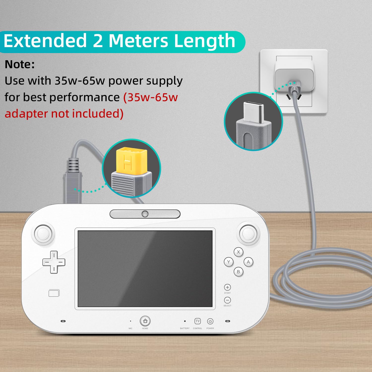 Wigearss 6.5Ft (2M) Type C Power Charge Cable for Wii U Work with a 35w-65w Power Adapter-Gray (not Include The Power Adapter/not Compatible with Wii)