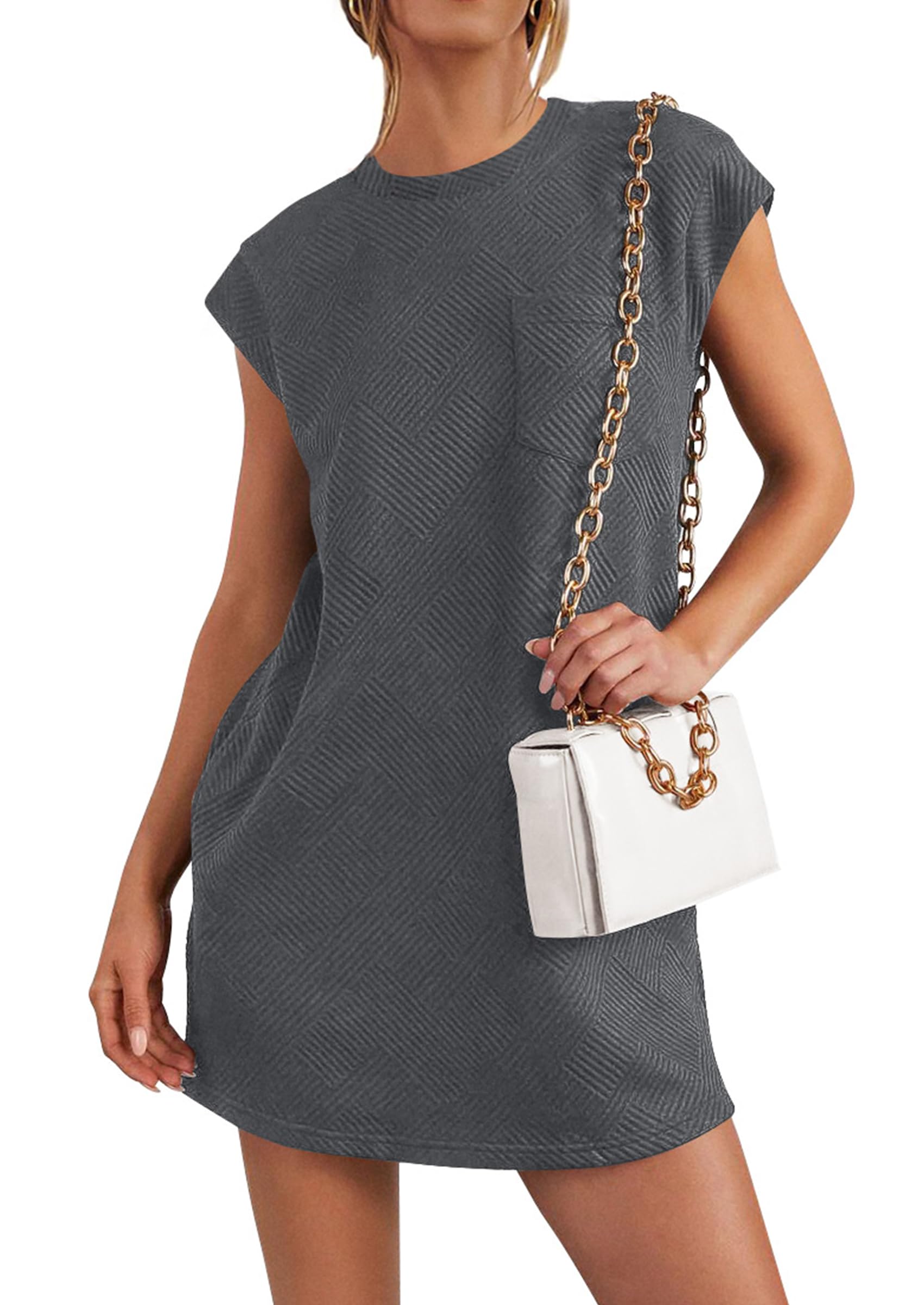 Photo 1 of (XL) (BAGGED) PRETTYGARDEN Women's Summer Short T Shirt Dress Cap Sleeve Crew Neck Casual Loose Basic Mini Dresses (Dark Grey,X-Large)