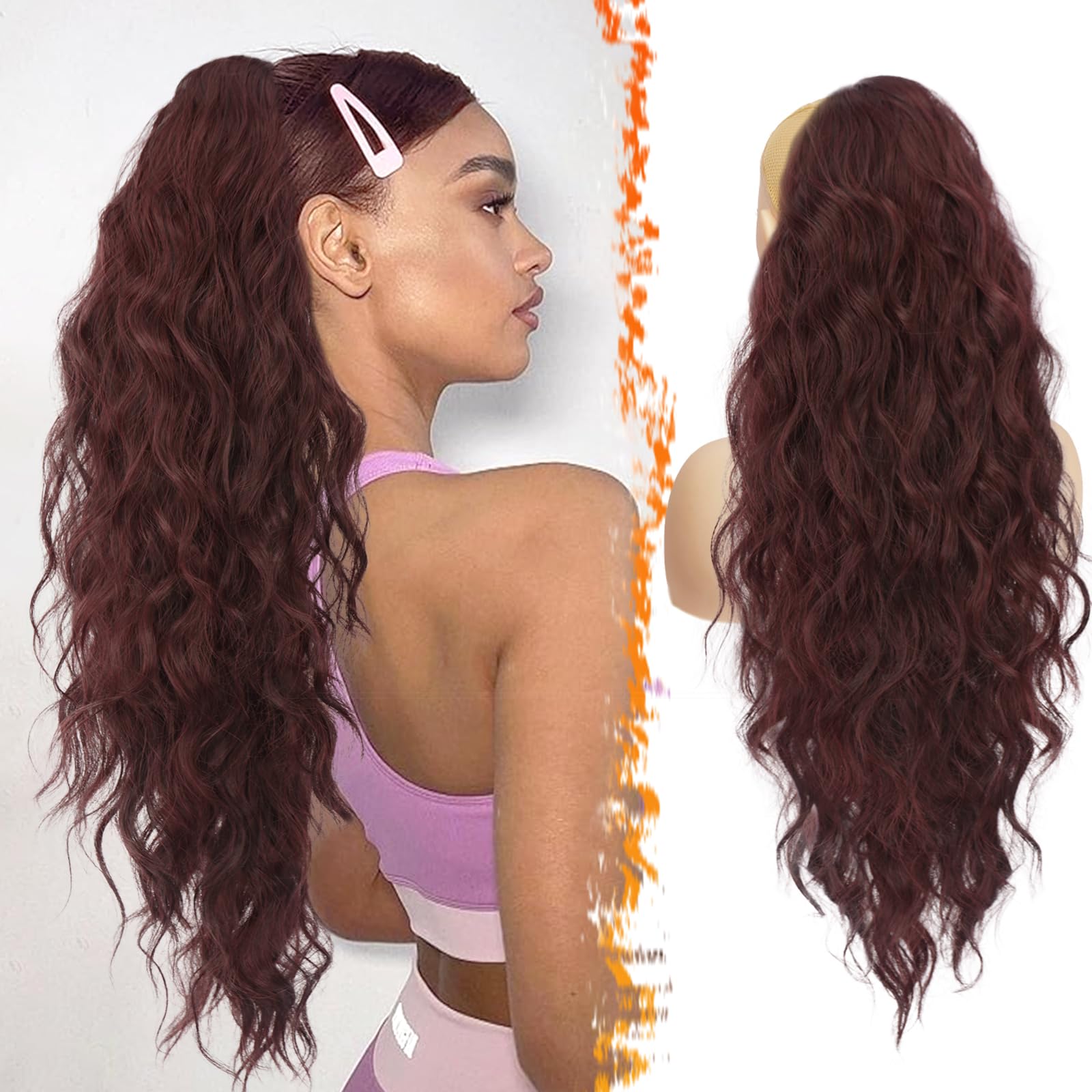 BARSDAR Drawstring Ponytail Extension, 26 Inch Long Curly Wavy Burgundy Ponytail Hair Extensions for Women, Drawstring Synthetic Clip in Ponytail Hairpieces Fake Pony Tail, Dark Burgundy