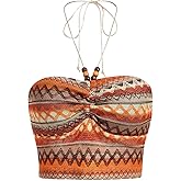 SHENHE Women's Ruched Beaded Halter Neck Backless Chevron Geo Print Boho Crop Top