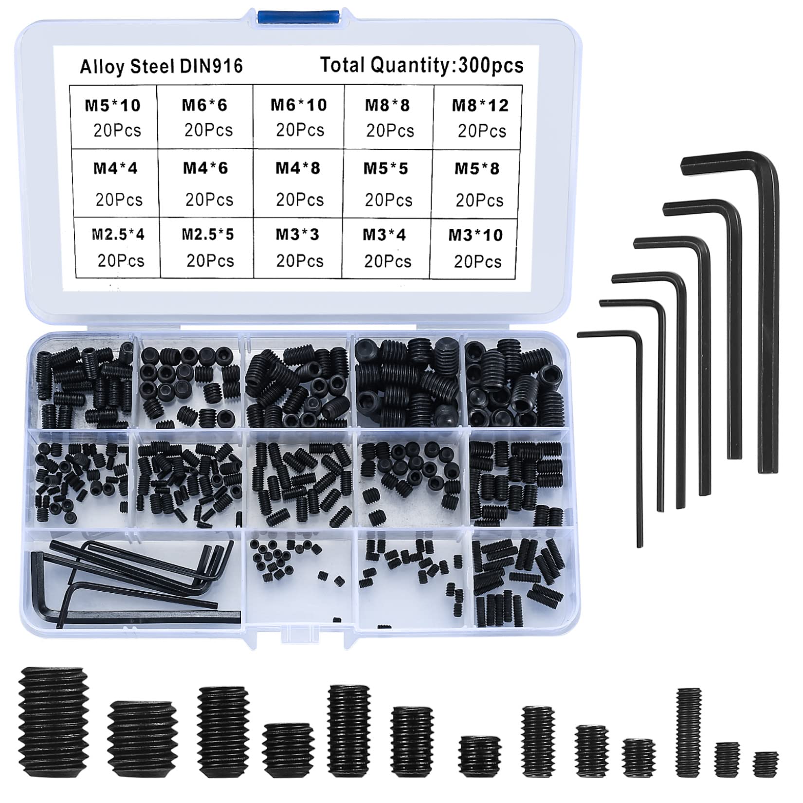 300 Pcs Allen Head Socket Screws Set, Grub Screws Assorted, Black Hex Gead Grub, M2.5/M3/M4/M5/M6/M8 Cup Point Internal Hex Drive for Door Handles, Faucet, Light Fixture