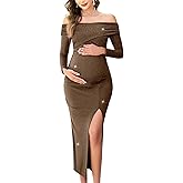 AISWI Off Shoulder Maternity Sparkly Split Dress Long Sleeve Fitted Pregnancy Dresses Semi Formal Baby Shower Photoshoot