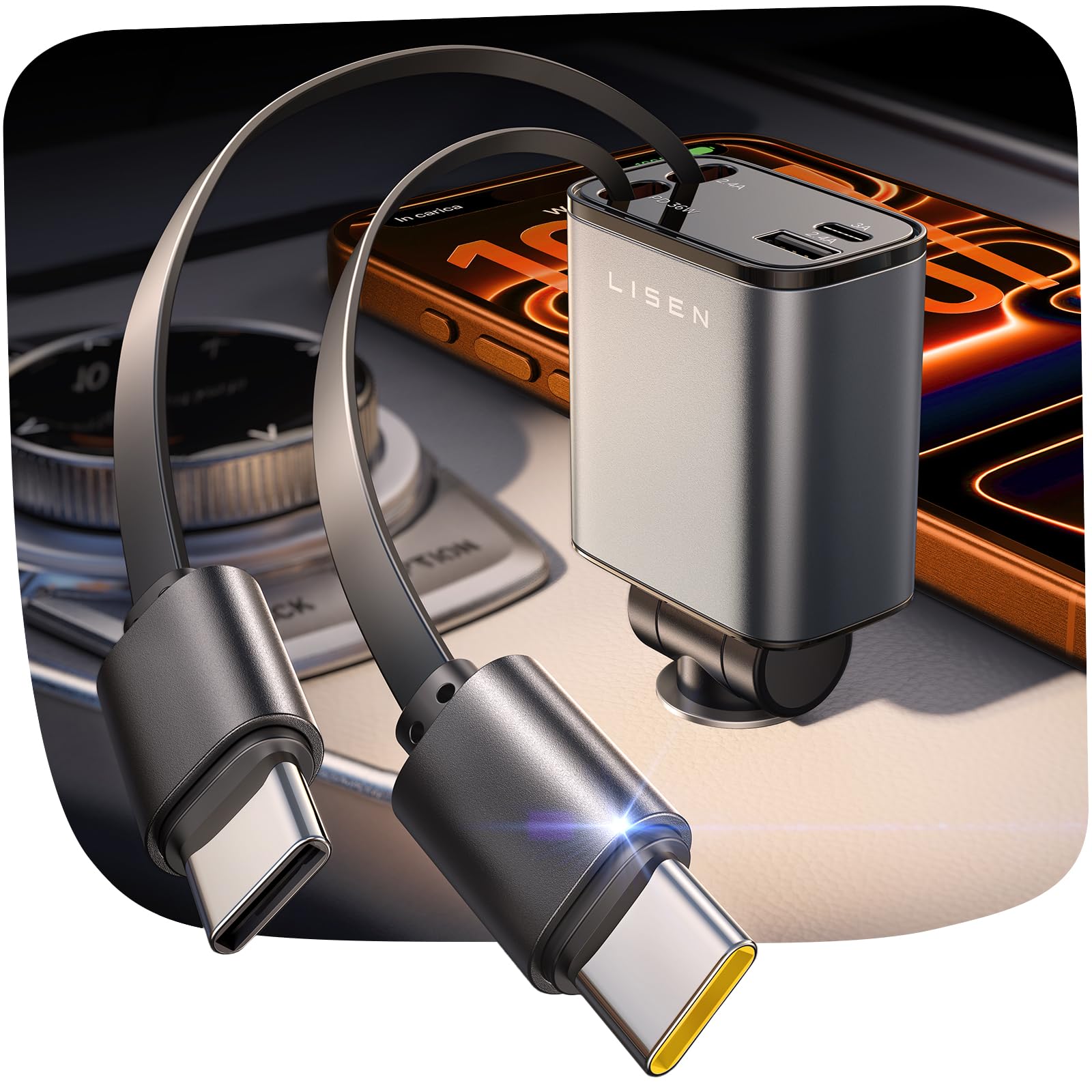 LISEN Retractable Car Charger USB C [Upgraded Dual Type C] 75W Fast 4 in 1 Car Charger for iPhone 17, Road Trip Essentials Gifts for Men Women, Car Accessories for Galaxy S26 Phone 17e 16 15 Pro Max