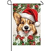Christmas Corgi Dog Garden Flag for Outside 12x18 Inch Double Sided Poinsettia Santa Hat Dog Yard Flags Xmas Winter Holiday Outdoor Decorations Front Porch Home Decor