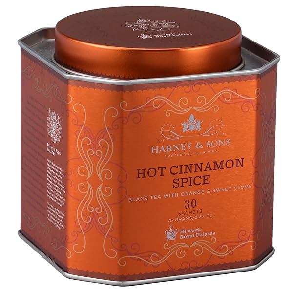 HARNEY & SONS HOT CINNAMON SPICE TEA TIN – BLACK TEA WITH ORANGE & SWEET CLOVE – 2.67 OUNCES, 30 SACHETS