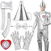 5pcs Silver Tin Costume Accessories Set for Adult Halloween Party, Funnel Hat, Gloves, Axe, Bow Tie Cosplay Outfit