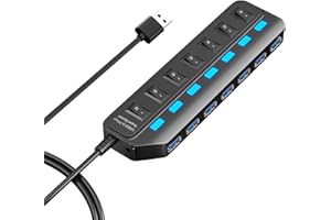 ONFINIO USB Hub 3.0, 7 Port USB Hub Splitter with Individual On/Off LED Switches, 5Gbps HighSpeed Data USB Extension for Laptop, iMac, USB Flash Drives, Mobile HDD, Printer, Camera and More