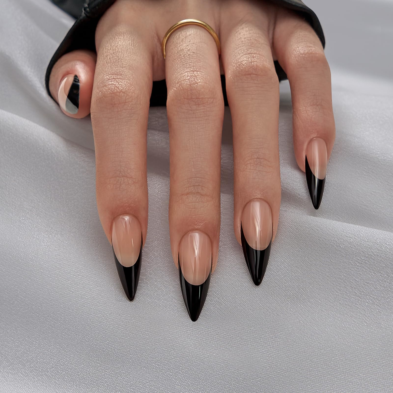 btartboxnails Press On Nails Long - 3 In 1 Black French Tips X-coat Tips, Halloween Nude Soft Gel Stiletto Nail Soak Off Acrylic Fake Glue 15 Sizes 150 Extension Set - Image 3