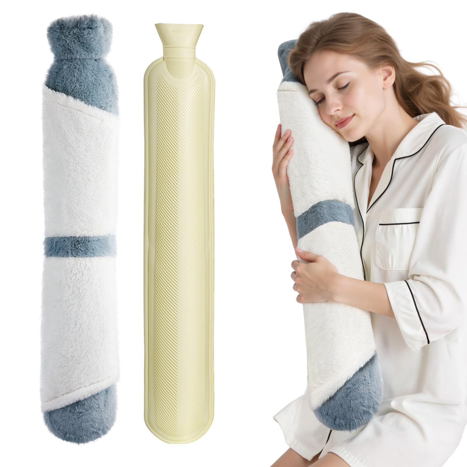 URBZUE Long Hot Water Bottle, 2L Hot Water Bottles with Soft Fluffy Cover, Strip Hot Water Bag for Neck and Shoulder, Back, Legs, Waist (Size 2-White+Grey)