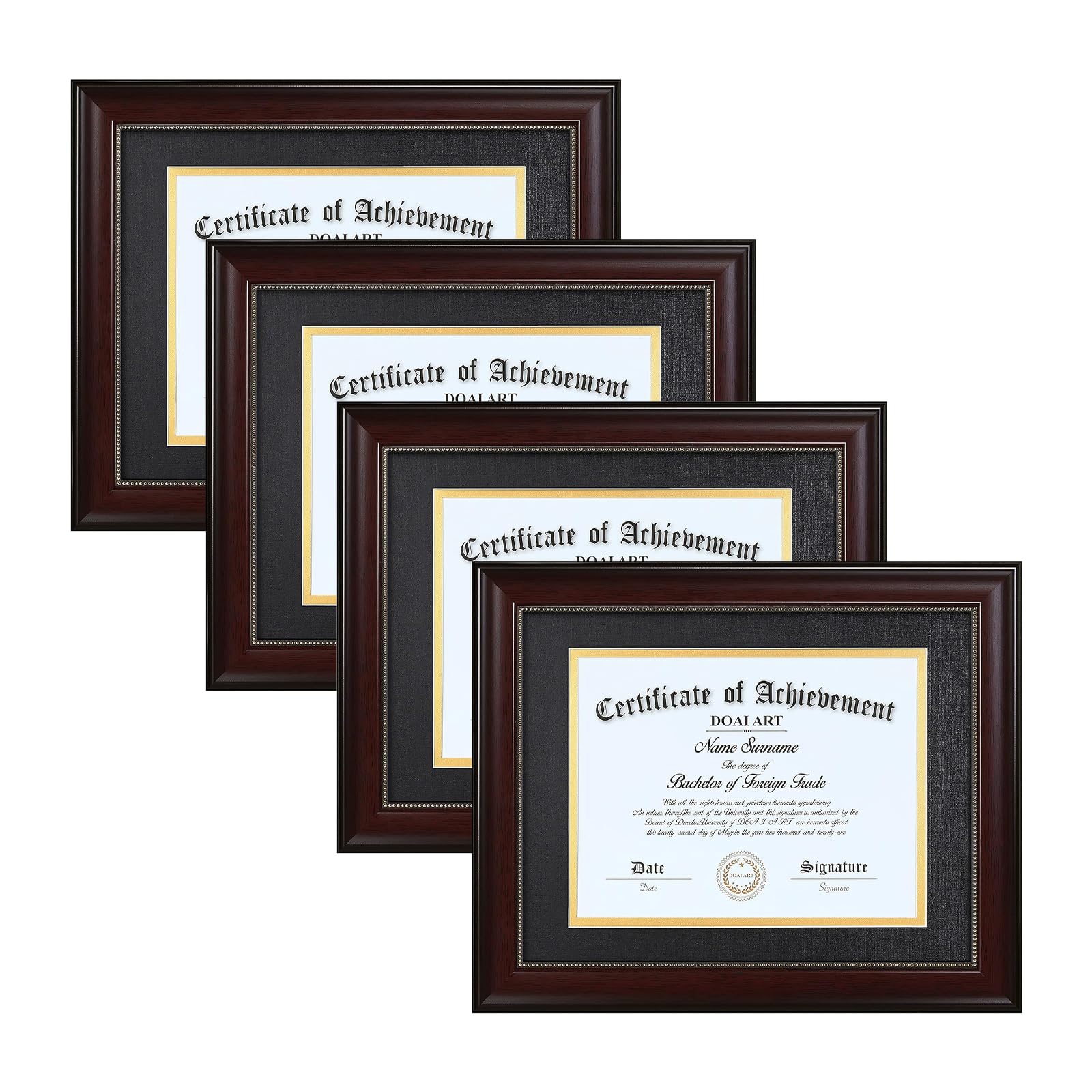 Photo 1 of DOAI ART 8.5 x 11 Diploma Frame Set of 4 Classic Mahogany with Black and Gold Double Mat or Displays Document&Certificate 11x14-inch Without Mat,Wide Molding, Gold Beads Hanging Hardware Included,