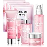 8PCS Skin Care Set, Moisturizing Cherry Blossom Facial Skin Care Kit, Hydrating Skincare Set for Women, Travel Facial Care Kits with Face Masks, Eye Cream, Cleansing Lotion, Serum, Face Cream,Toner