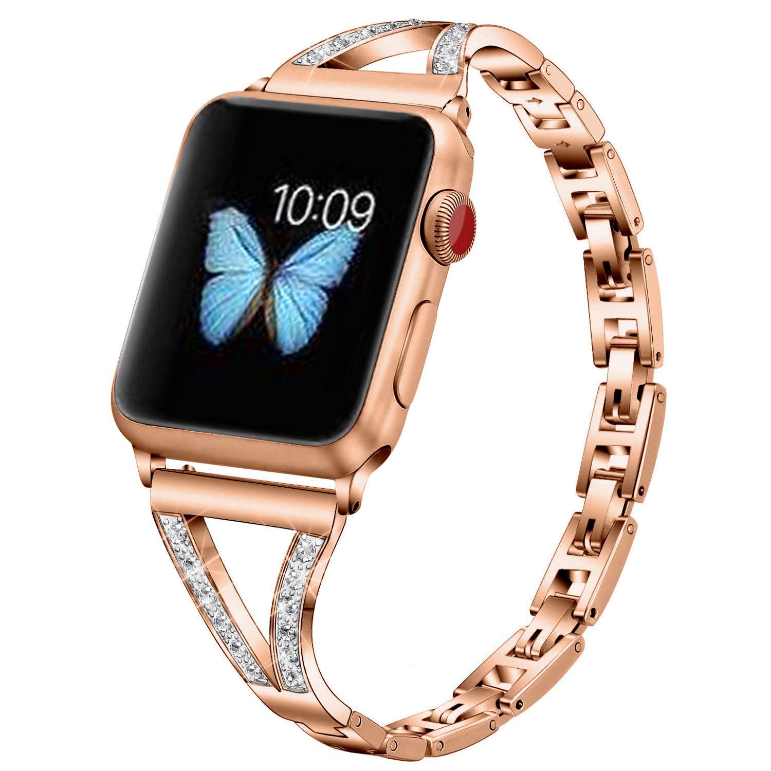 RXXR Women Fashion Smartwatch Straps Compatible with Apple Watch Series 10 42mm, 9/8/7 41mm, 6/SE/SE2/5/4 40mm, 3/2/1 38mm, Rose Gold Bling Diamond Replacement Bracelet Wristband, Stainless Steel โ image 1