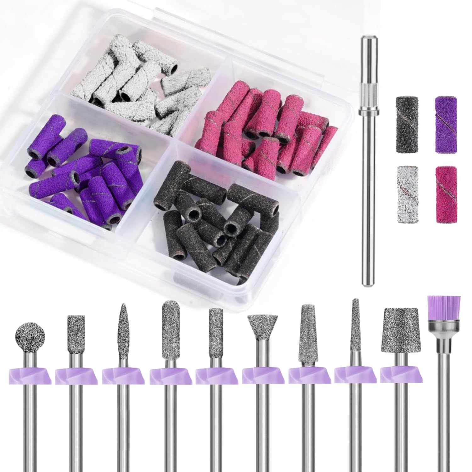 Depvko 10pcs Diamond Nail Drill Bits, Cuticle Bit for Efile Nail Drill wtih 40pcs Small Sanding Bands (#120#180#240) & Mandrel Bit, Acrylic Remover Tool Manicure Pedicure Kit for Nail Prep Gel Polish