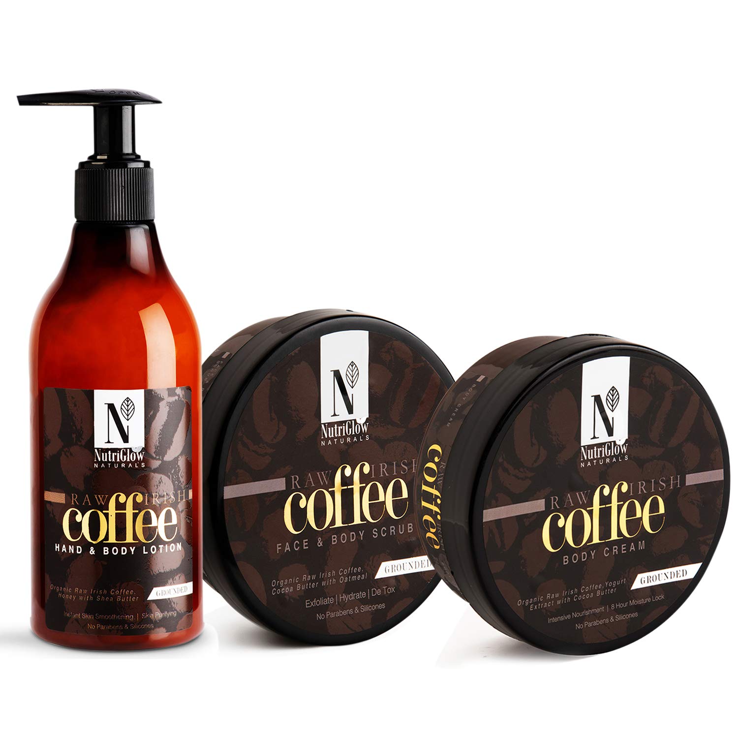 NutriGlow Natural's Raw Irish Coffee (Pack Of 3) Hand & Body Lotion300ML, Face & Body Scrub & Body Cream With Coffee,Honey & Cocoa Butter For Nourishment , Hydrate Skin Naturally & 8 Hours Long Intensive Moisture Lock (Paraben & Sulphate Free)