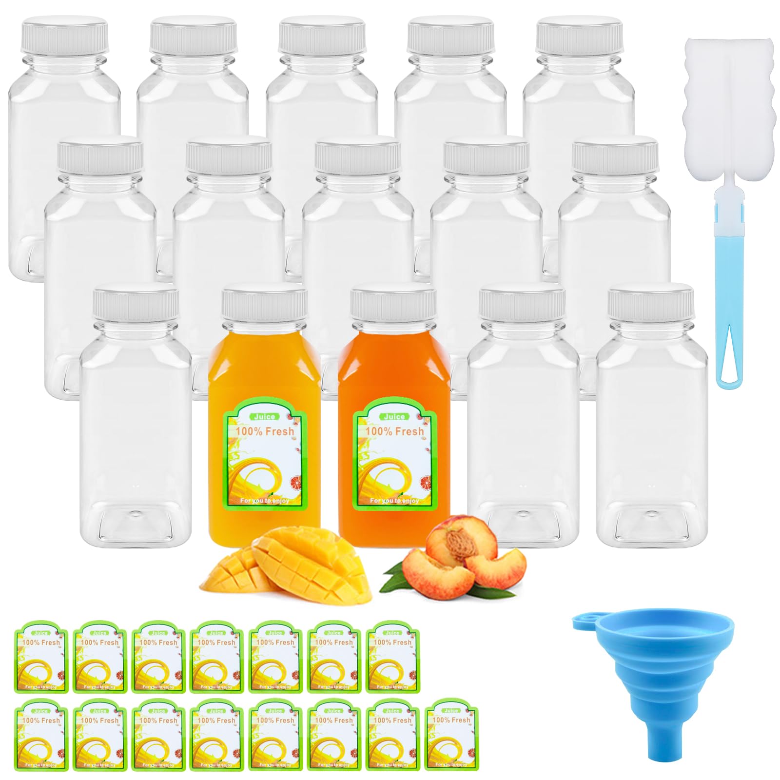 CoKeeSun Juice Bottles with Lids 15 Pack, 250ml/8oz Milk Bottle, Reusable Plastic Bottles Set, Drink Containers with Funnel, Brushes and Stickers for Smoothie, Juices, Milk and Beverages on the Go