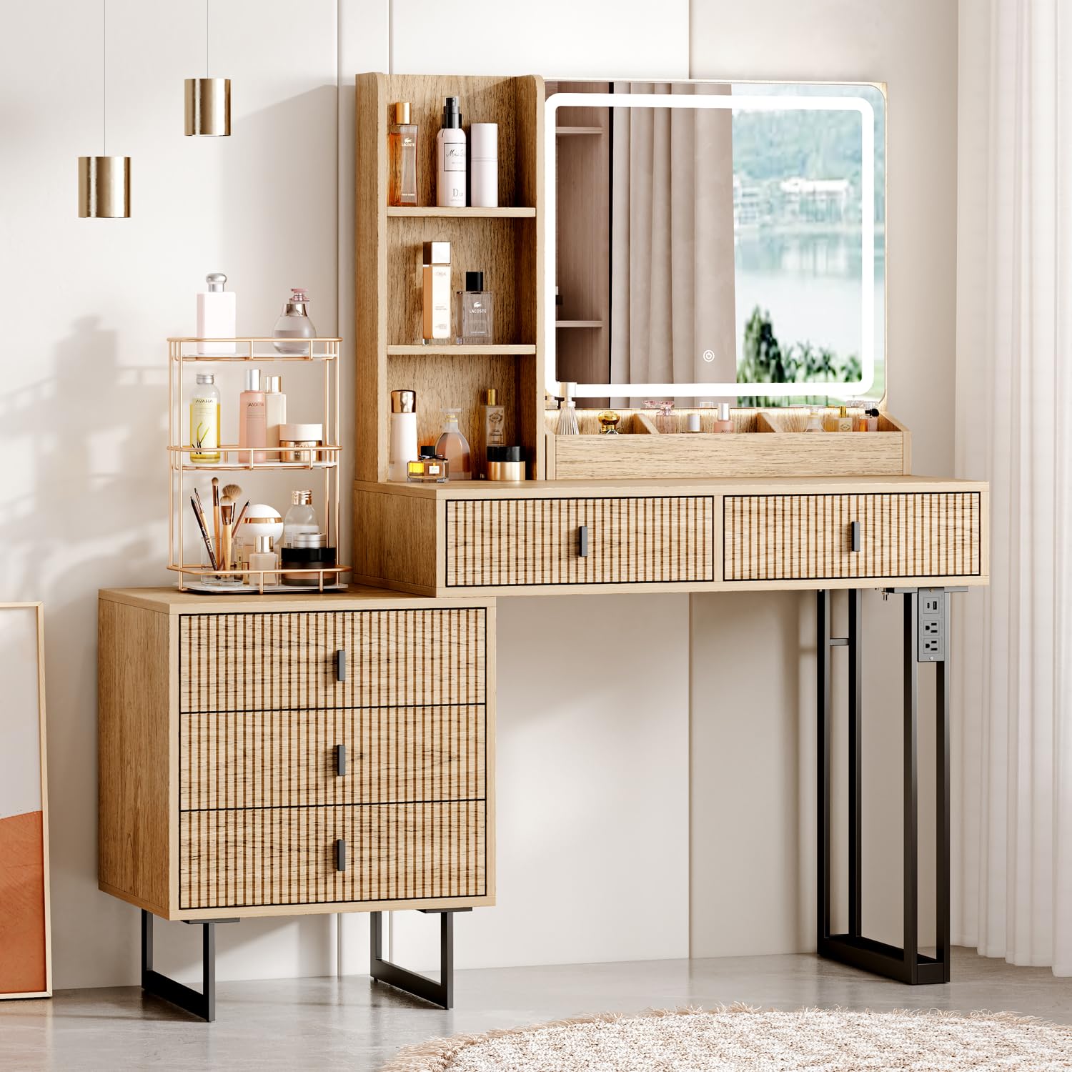 Photo 1 of Large Vanity Desk with 3 Color Touch Screen Dimming Mirror, Vanity Desk with Charging Station, Modern Retractable Makeup Dressing Table, Makeup Table With storage shelves and 5 Sliding Drawers, Oak