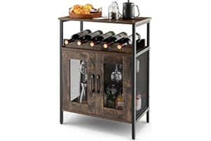 LOKO Wine Bar Cabinet, Industrial Liquor Cabinet with Detachable Wine Rack, Wine Cabinet with Glass Holder, Coffee Bar Cabinet with Metal Mesh Doors, Small Buffet Sideboard for Kitchen or Living Room