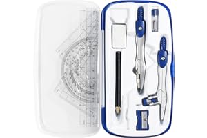Vobou Math Geometry Kit Sets 10 Piece Student Supplies with Shatterproof Storage Box,Includes Rulers,Protractor,Compass,Eraser,Pencil Sharpener,Lead Refills,Pencil,for Drafting and Drawings（Navy Blue）