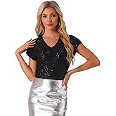 Allegra K Sparkly Sequin Top for Women's Short Sleeve V Neck Party Metallic Tops