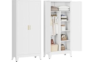 FIRMET Metal Armoire Wardrobe Closet, 71" Steel Clothing Storage Cabinet with 2 Doors, Hanging Rod & Shelves, Bedroom Armoire Closet, White Wardrobe Cabinets for Bedroom