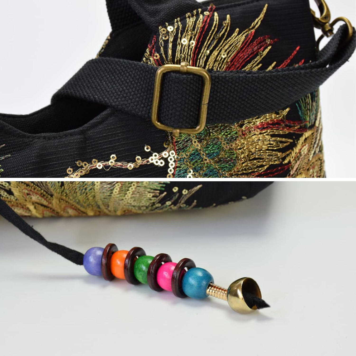 Puyang Women Sequins Peacock Embroidery Ethnic Handbag Crossbody Purse Ladies Canvas Tote Shoulder Bag with Pendants(Black) - Image 4
