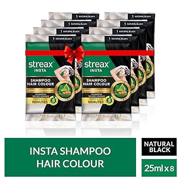 Streax Insta Shampoo Hair Colour-Natural Black-25 ml-Pack of 8
