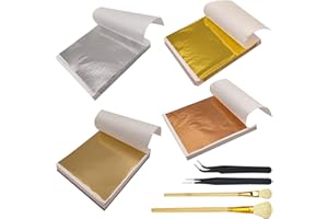 400 Sheets Imitation Gold Leaf Sheets, 4 Colors Gold Leaf Paper Metal Gold Foil Paper with Tweezers and Brush, Golden Silver 