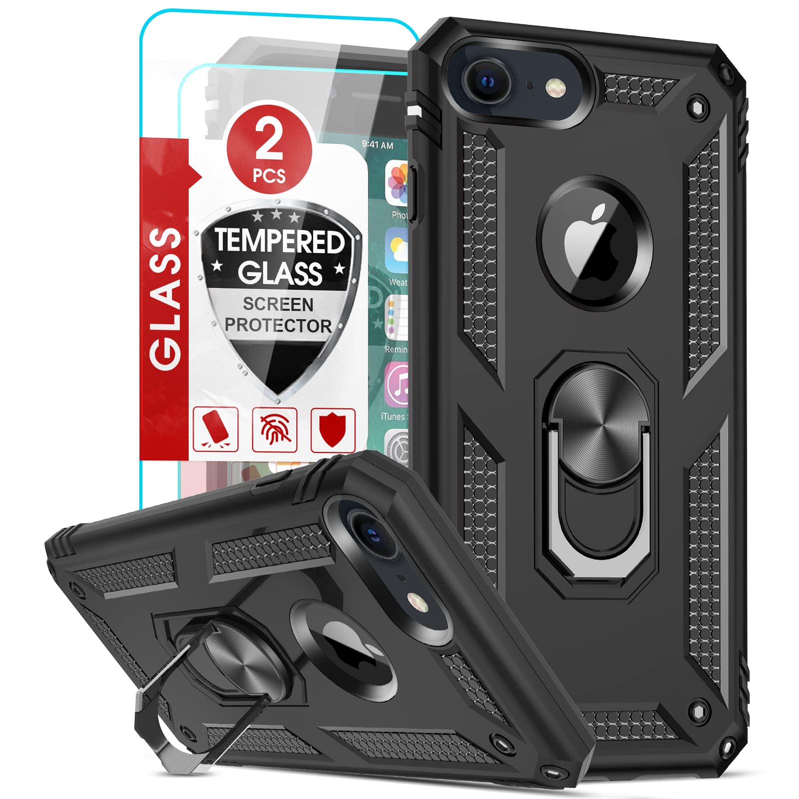 LeYi Case for iPhone 8/7/6/6s/SE 2022/2020 with 2 Tempered Glass, Ring Holder Military Anti-Fall Reinforced Bumper Shockproof Soft TPU and Hard PC Protective Case Black