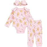 Disney Baby Girls Ribbed Bodysuit, Jogger Pants & Headband 3 Piece Outfit Set Newborn to Infant Sizes (Newborn - 24 Months)