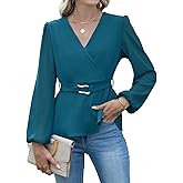 Gleeneat Women's Business Casual Tops Fall Long Sleeve Shirts V Neck Chiffon Work Blouses Trendy Office Clothes Teal