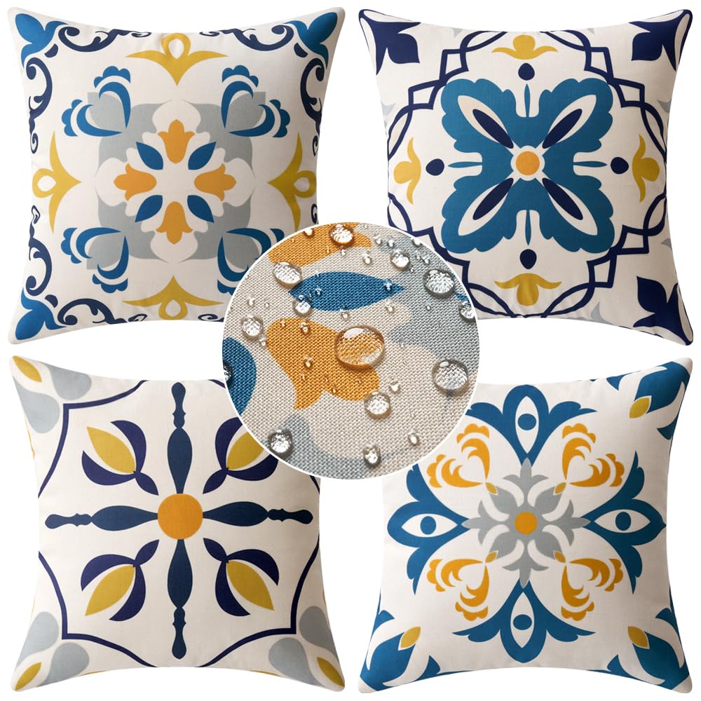 MIULEE 4 Pack Cushion Covers Outdoor Waterproof Throw Pillow Cover Home Pillow Case Pillowcases for Tent Park Bed Sofa Chair Bedroom Decorative Balcony 40x40cm 16x16inch Blue