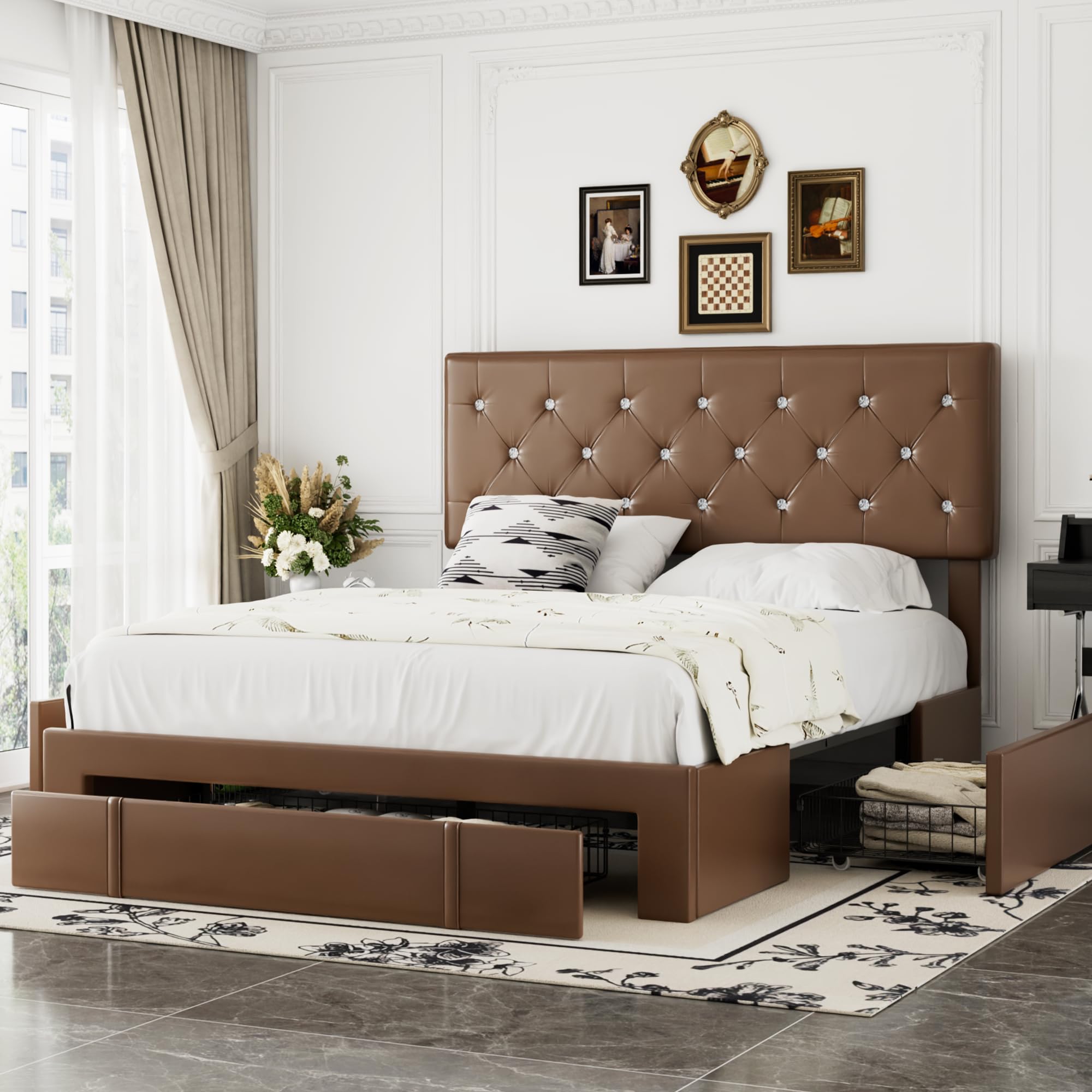 Photo 1 of ***Missing Hardware***VECELO Queen Size Bed Frame with 3 Storage Drawers, Leather Upholstered with Diamond Tufted Headboard, Solid Wood Slat Support, No Box Spring Needed, PU & Brown