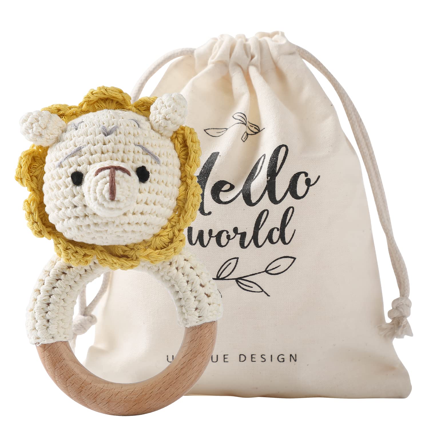 Mamimami Home Knit Baby Rattle with Wooden Teether, Baby Teething Toy Wooden Chew Toy Montessori Style Crochet Teether Ring Animal Handmade Toys for Infants, Babies