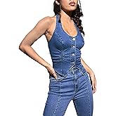 OYOANGLE Women's Button Front Denim Jacket Vest Sleeveless Vintage Halter Jean Crop Tank Top