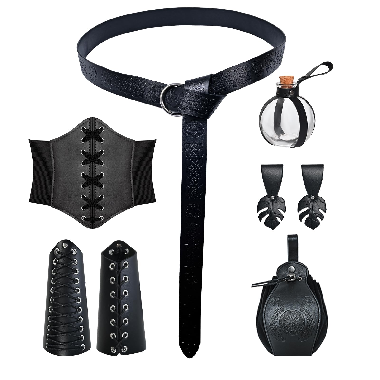 MVFEUIJ Medieval Knight Accessories Viking Belt Leather Bag Bracers Magic Bottle Medieval Retro Witch Costume Accessories Set (Black)