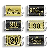 Tenare 90 Pcs 90th Birthday Party Favors Candy Wrappers Black and Gold Stickers Mini Chocolate Label 90th Birthday Decorations for Men Anniversary Party Supplies