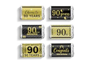 Tenare 90 Pcs 90th Birthday Party Favors Candy Wrappers Black and Gold Stickers Mini Chocolate Label 90th Birthday Decorations for Men Anniversary Party Supplies