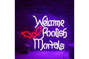 WLHOPE Welcome Foolish Mortals Neon Sign Halloween LED Neon Signs for Wall Decor Halloween Neon Light USB Light Up Sign for Halloween Decor Halloween Party Decoration,Door,Windows,Bar,Man Cave
