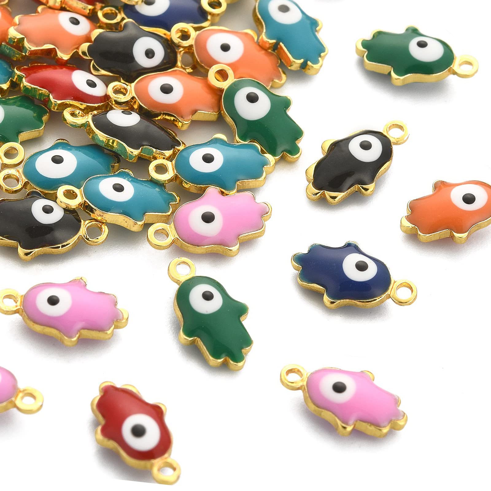 Stiesy 50Pcs Random Colour Enamel Hamsa Hand Charms Hand of Miriam with Evil Eye Pendant Charm Small Hand Dangle Charms for DIY Crafts Bracelet Jewellery Making