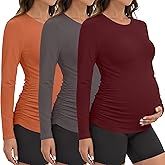 Oakgarden 3 Pack Women's Maternity Athletic Yoga Shirts Pregnancy Long Sleeve Side Ruched Tops Casual Crew Neck Basic Tee