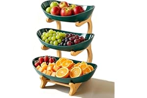 3-Tier Oval Fruit Basket with Bamboo Stand, Fruit Bowl for Kitchen Counter, 3 Tier Ceramic Serving Bowls, Porcelain Fruit Bas