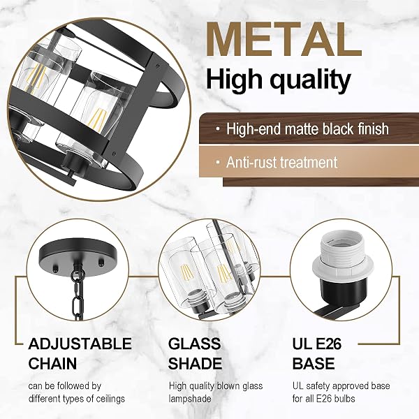 QIANZHAN 4-LIGHT FARMHOUSE CHANDELIER, 20″ BLACK LIGHT FIXTURE WITH GLASS SHADE MODERN DRUM LIGHTING FIXTURES CEILING PENDANT LAMP FOR DINING ROOM KITCHEN ISLAND ENTRANCE FOYER LIVING ROOM BEDROOM