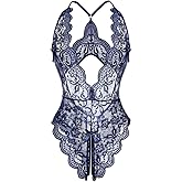 LadyIn Women's Sexy Lingerie One Piece Women Deep V Teddy Floral Lace Bodysuit Babydoll