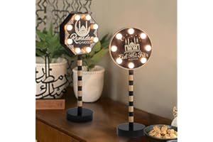 Vanthylit 2 Pack Ramadan Decorations for Home, Wooden Ramadan Mubarak Table Centerpiece Lights, Eid Mubarak Crafts Night Light Battery Powered Islamic Muslim Gifts for Party Desk Decor